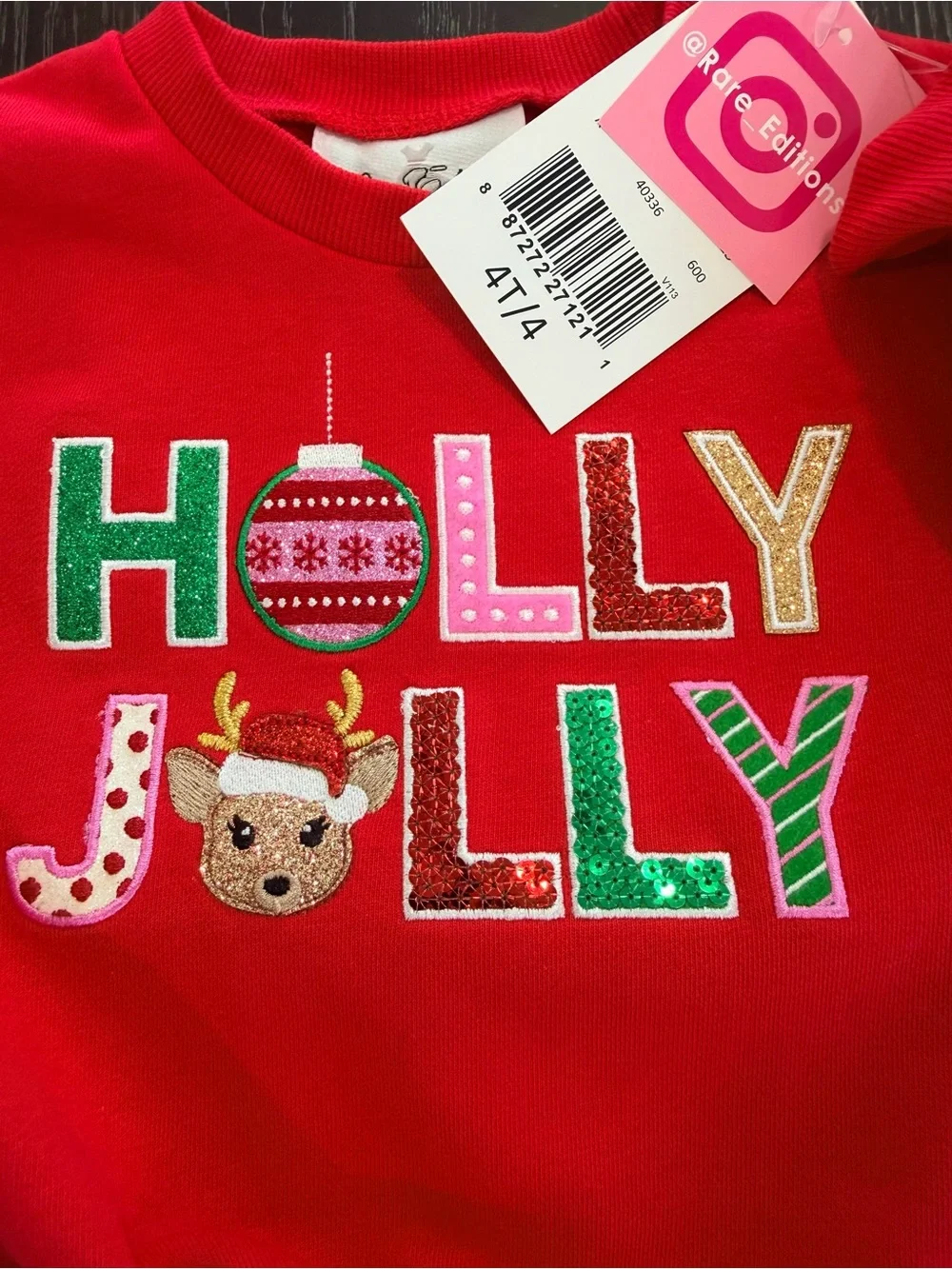 Rare Editions Red “HOLLY JOLLY” Sweater with Green Velvet Pants Holiday Set 4T/4